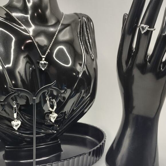 925 Silver Necklace Ring & Earring Set White CZ Diamond Heart Stones Valentines - Picture 2 of 10